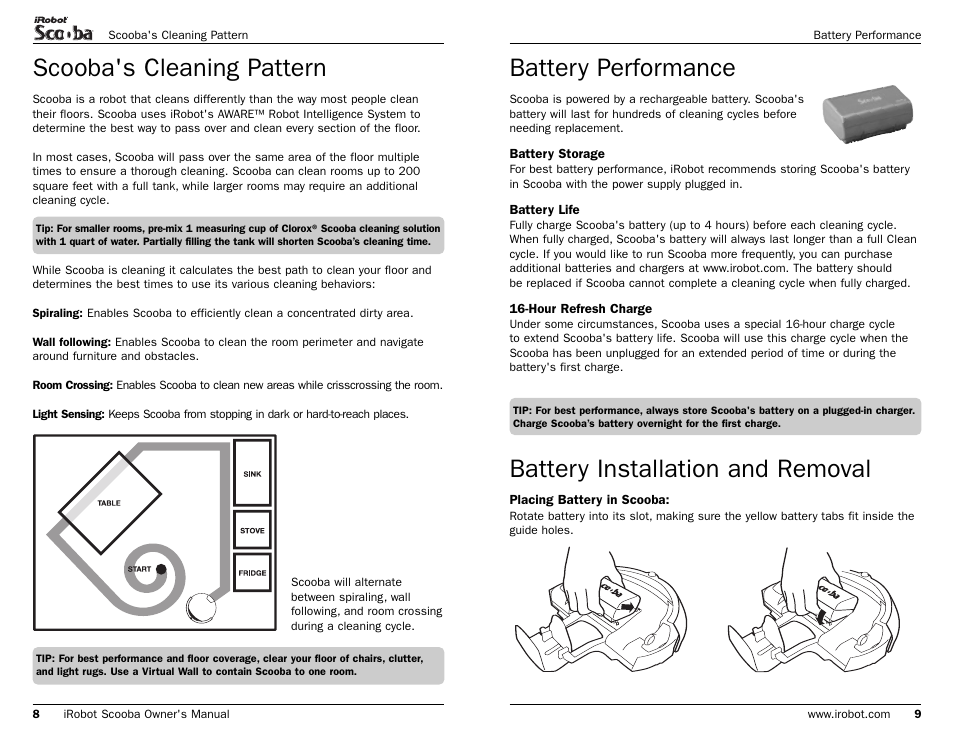 Battery performance, Scooba's cleaning pattern, Battery installation and removal | iRobot Scooba 390 Series User Manual | Page 20 / 28