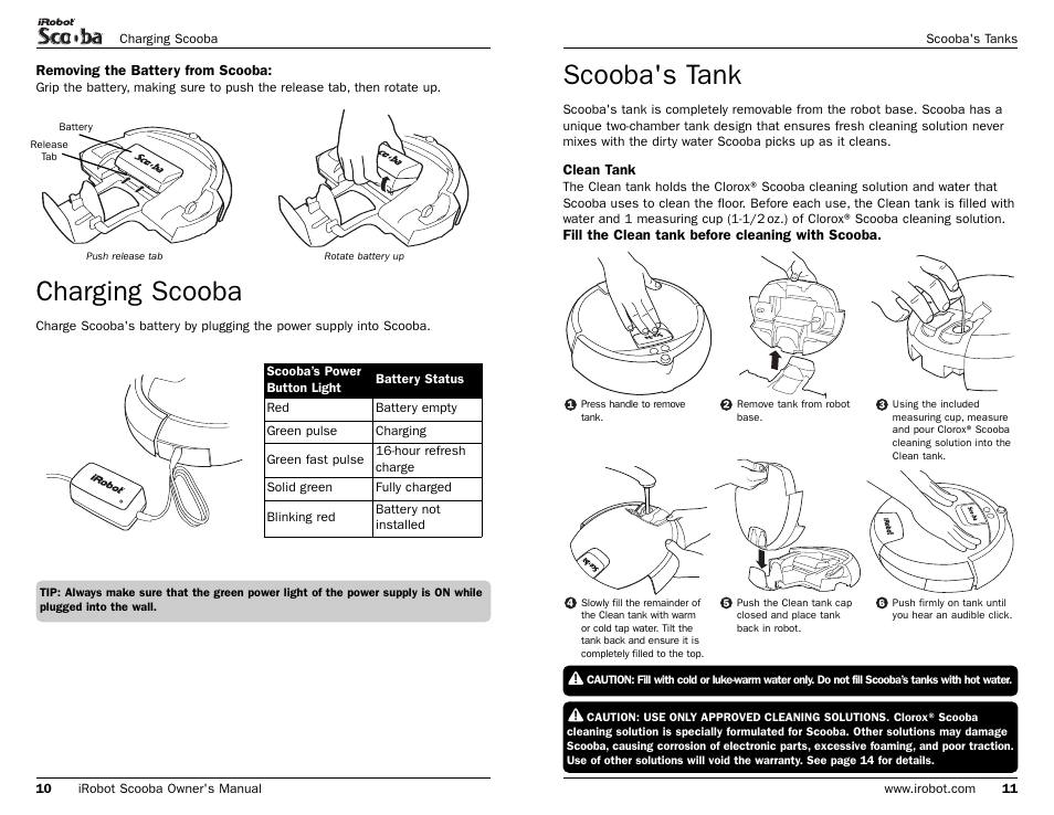 Scooba's tank, Charging scooba | iRobot Scooba 390 Series User Manual | Page 21 / 28