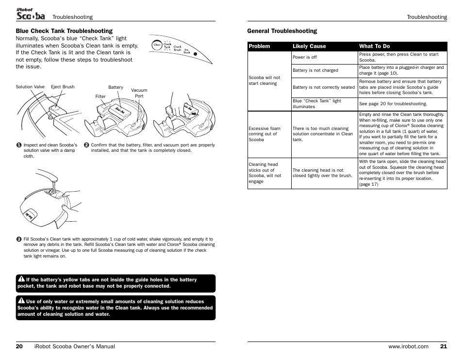 Blue check tank troubleshooting, General troubleshooting | iRobot Scooba 390 Series User Manual | Page 26 / 28