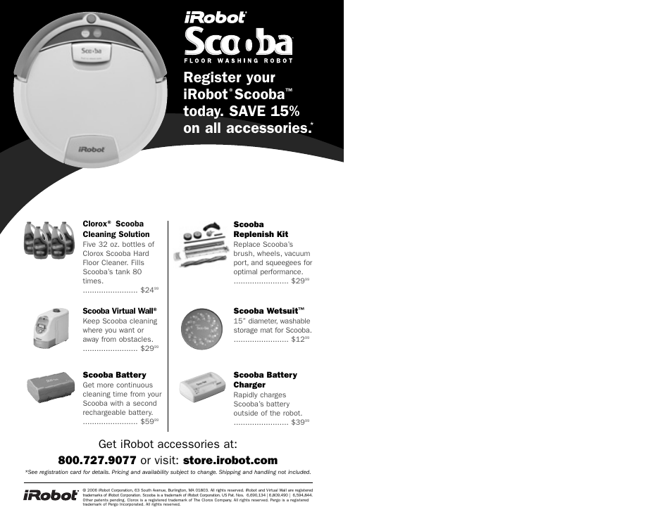 Register your irobot, Scooba, Today. save 15% on all accessories | iRobot Scooba 390 Series User Manual | Page 28 / 28