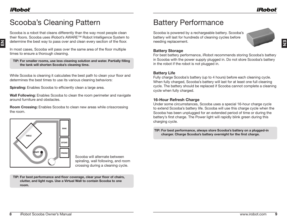 Scooba’s cleaning pattern, Battery performance | iRobot Scooba 390 Series User Manual | Page 5 / 28