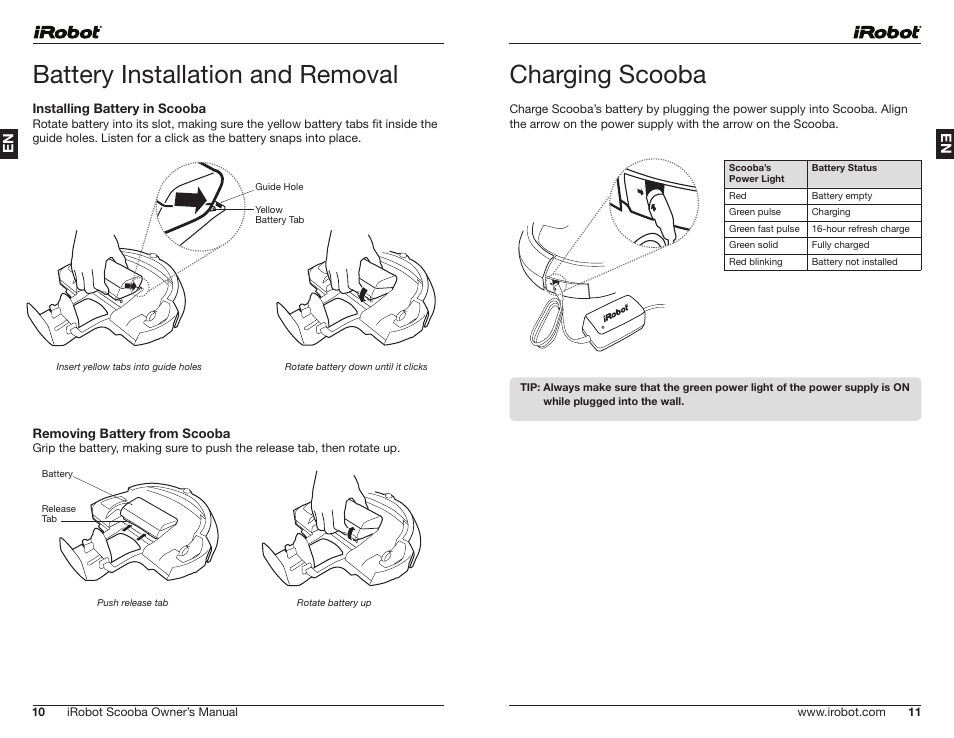 Battery installation and removal, Charging scooba, Installing battery in scooba | Removing battery from scooba | iRobot Scooba 390 Series User Manual | Page 6 / 28