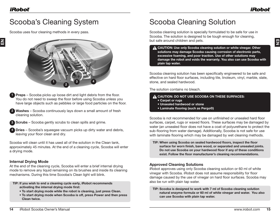 Scooba’s cleaning system, Scooba cleaning solution | iRobot Scooba 390 Series User Manual | Page 8 / 28