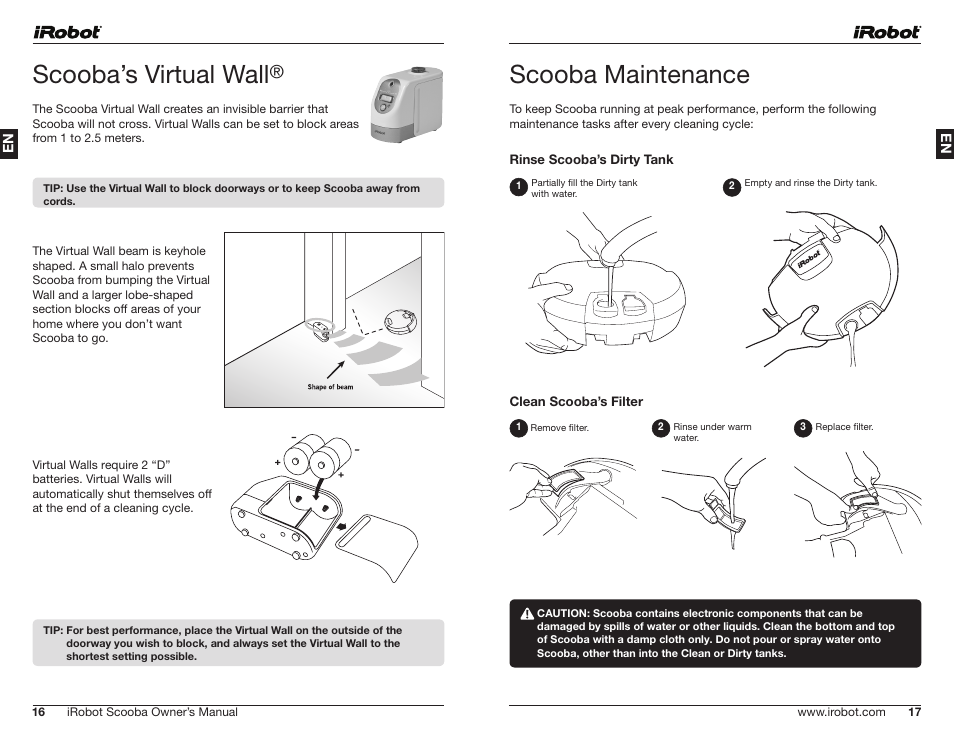 Scooba’s virtual wall, Scooba maintenance | iRobot Scooba 390 Series User Manual | Page 9 / 28