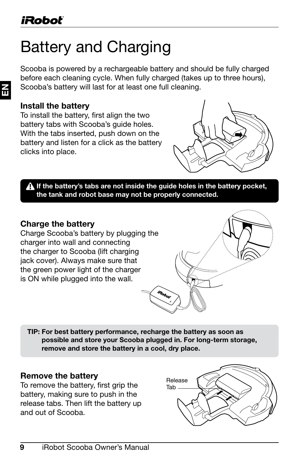 Battery and charging | iRobot Scooba 300 Series User Manual | Page 10 / 15