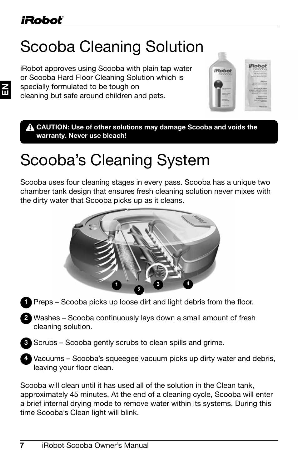 Scooba cleaning solution, Scooba’s cleaning system | iRobot Scooba 300 Series User Manual | Page 8 / 15