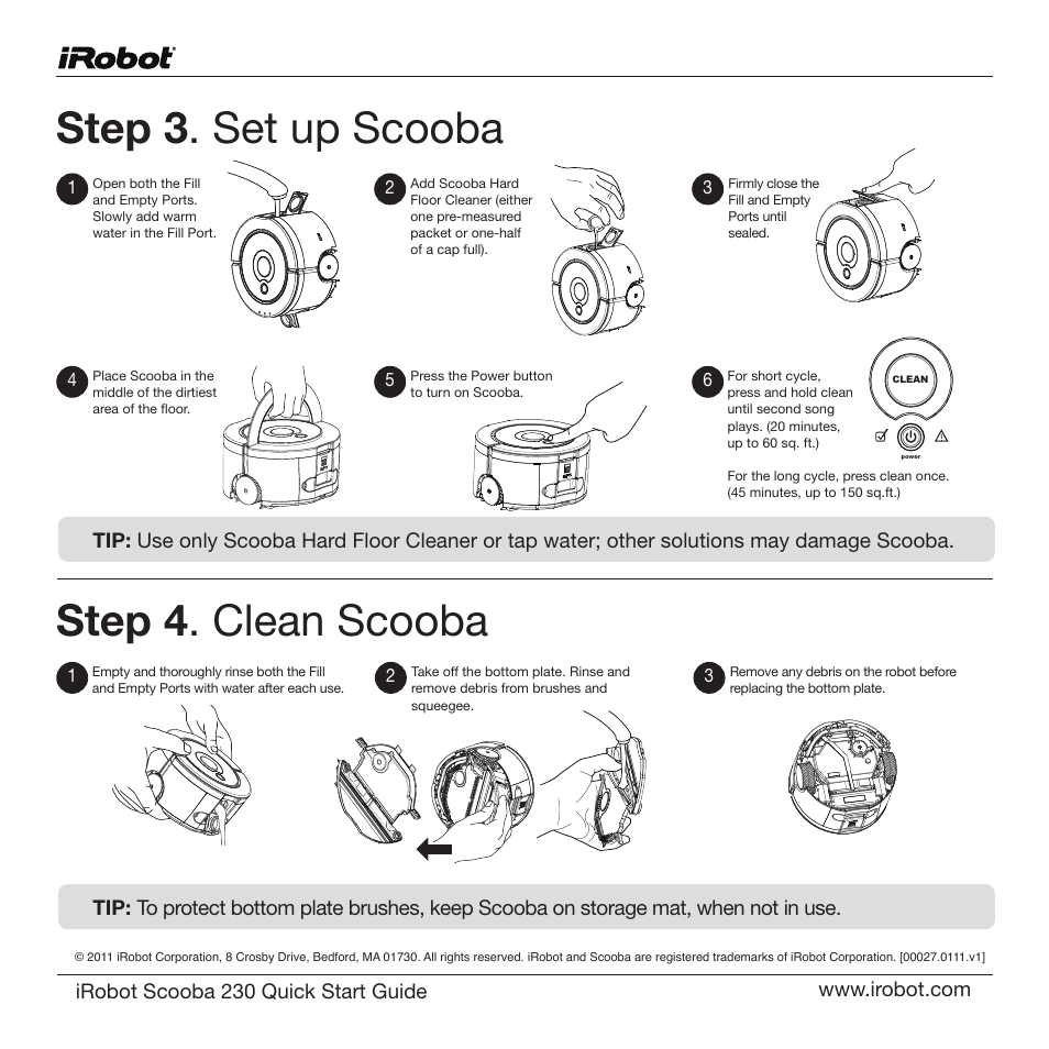 Step 3 . set up scooba, Step 4 . clean scooba | iRobot Scooba 230 User Manual | Page 2 / 2