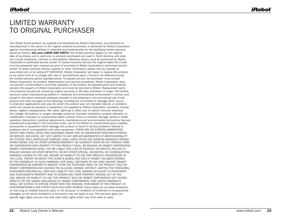 Limited warranty to original purchaser | iRobot Looj User Manual | Page 12 / 13