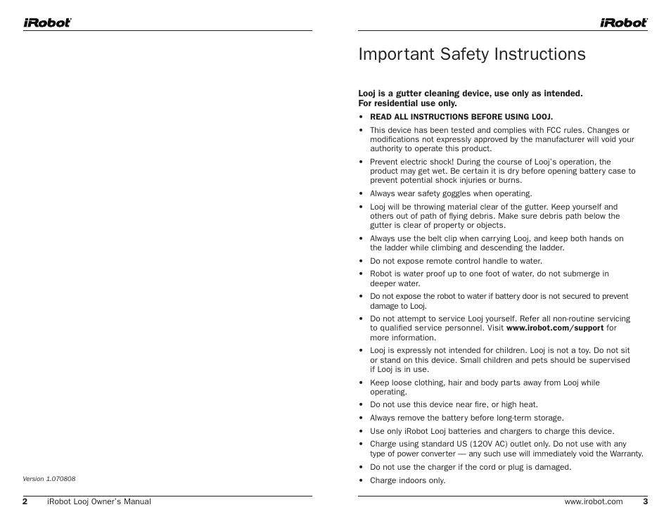 Important safety instructions | iRobot Looj User Manual | Page 2 / 13