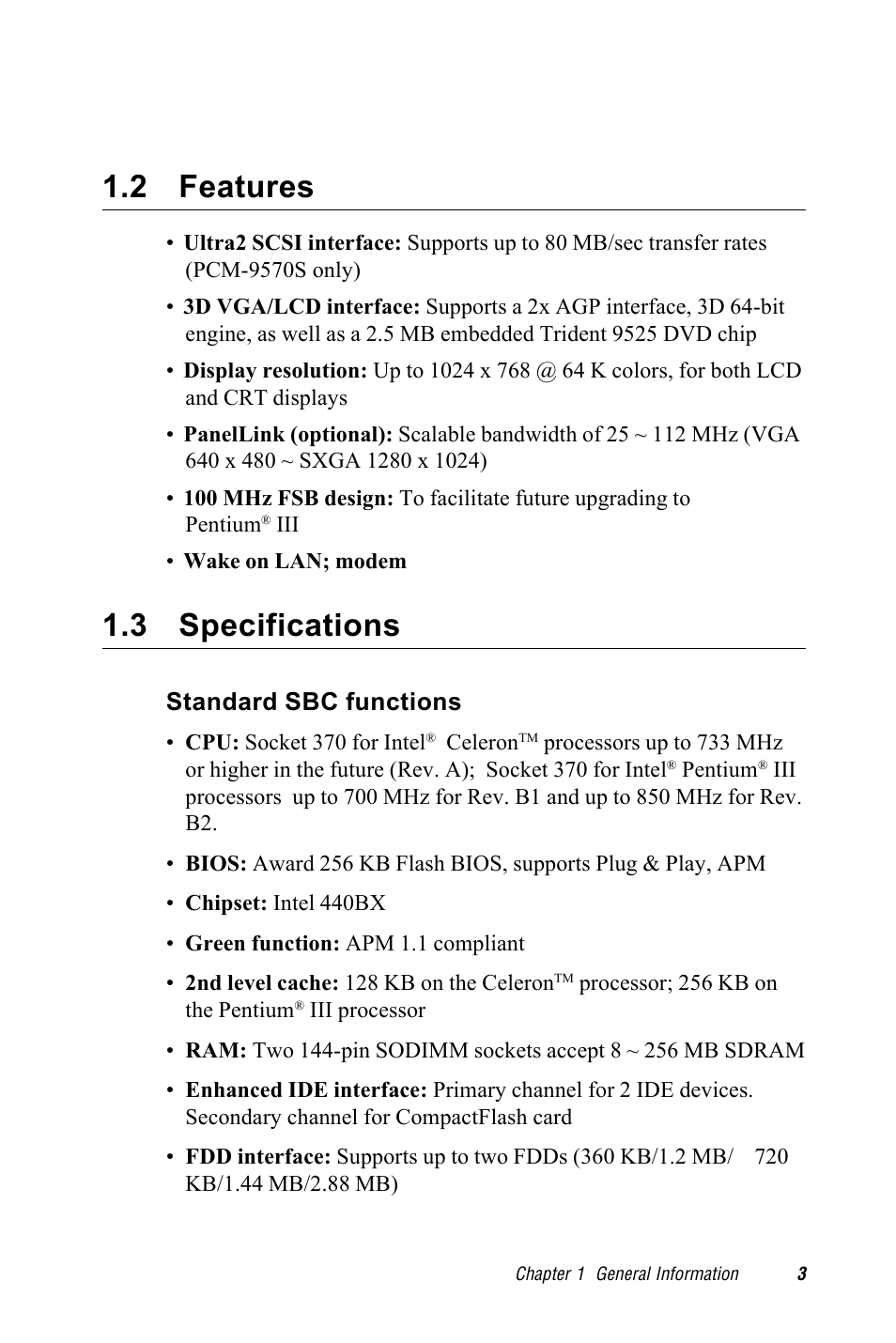 2 features, 3 specifications, Standard sbc functions | Cpu installation and upgrading | Advantech PCM-9570/S 2006957006 5th Edition User Manual | Page 15 / 128