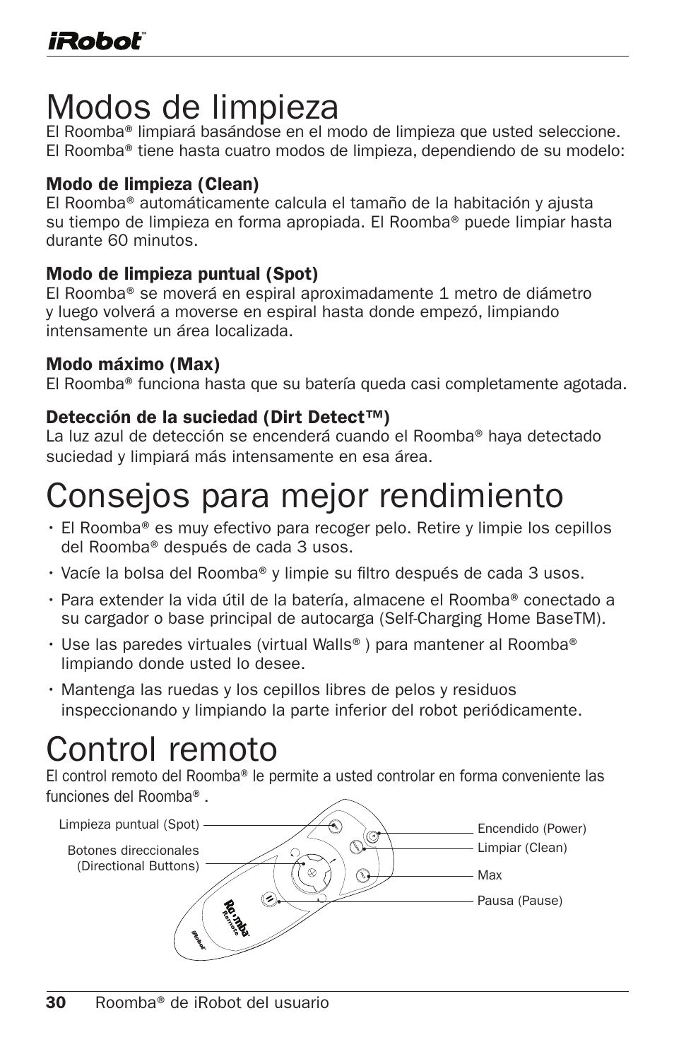 Modos de limpieza, Consejos para mejor rendimiento, Control remoto | iRobot Roomba 400 Series User Manual | Page 6 / 8