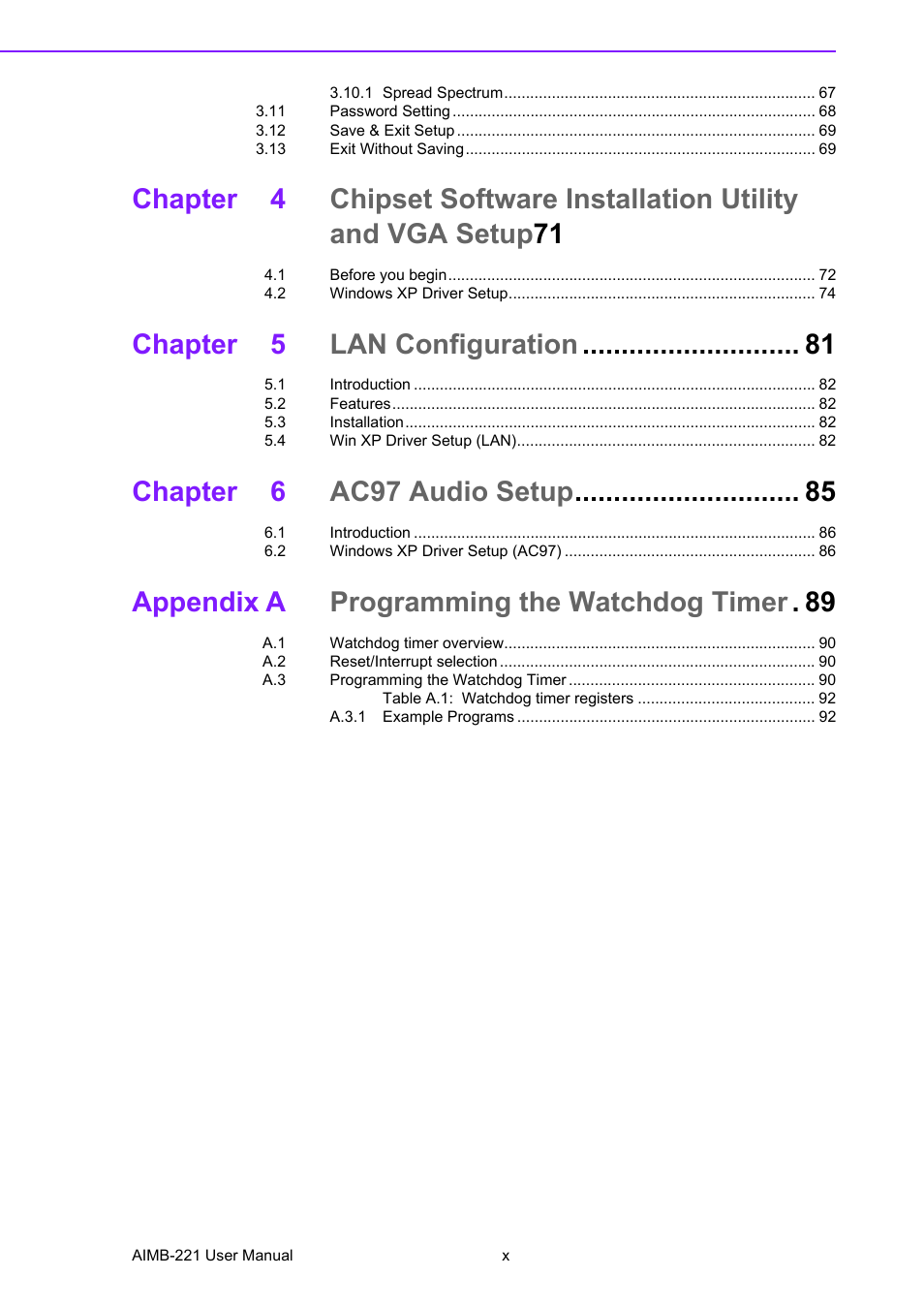 Chapter 5 lan configuration, Chapter 6 ac97 audio setup, Appendix a programming the watchdog timer . 89 | Advantech Industrial Mini-ITX Motherboard with DDR2/Dual GbE/PCI AIMB-221 User Manual | Page 10 / 108