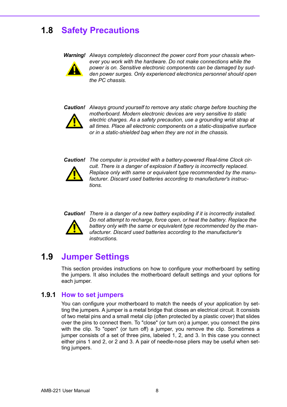 8 safety precautions, 9 jumper settings, 1 how to set jumpers | Safety precautions, Jumper settings 1.9.1, How to set jumpers, 8 safety precautions 1.9 jumper settings | Advantech Industrial Mini-ITX Motherboard with DDR2/Dual GbE/PCI AIMB-221 User Manual | Page 18 / 108