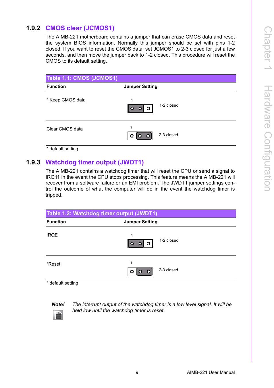 2 cmos clear (jcmos1), Table 1.1: cmos (jcmos1), 3 watchdog timer output (jwdt1) | Table 1.2: watchdog timer output (jwdt1), Cmos clear (jcmos1) table 1.1: cmos (jcmos1), Chapter 1 h ardware c onfiguration | Advantech Industrial Mini-ITX Motherboard with DDR2/Dual GbE/PCI AIMB-221 User Manual | Page 19 / 108