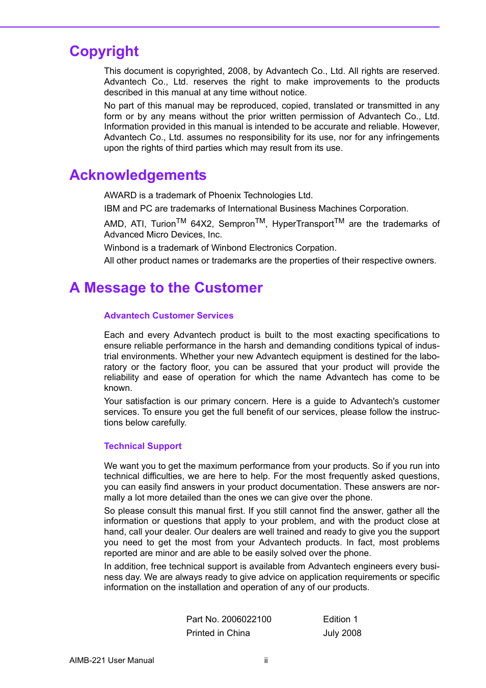 Copyright, Acknowledgements, A message to the customer | Advantech Industrial Mini-ITX Motherboard with DDR2/Dual GbE/PCI AIMB-221 User Manual | Page 2 / 108