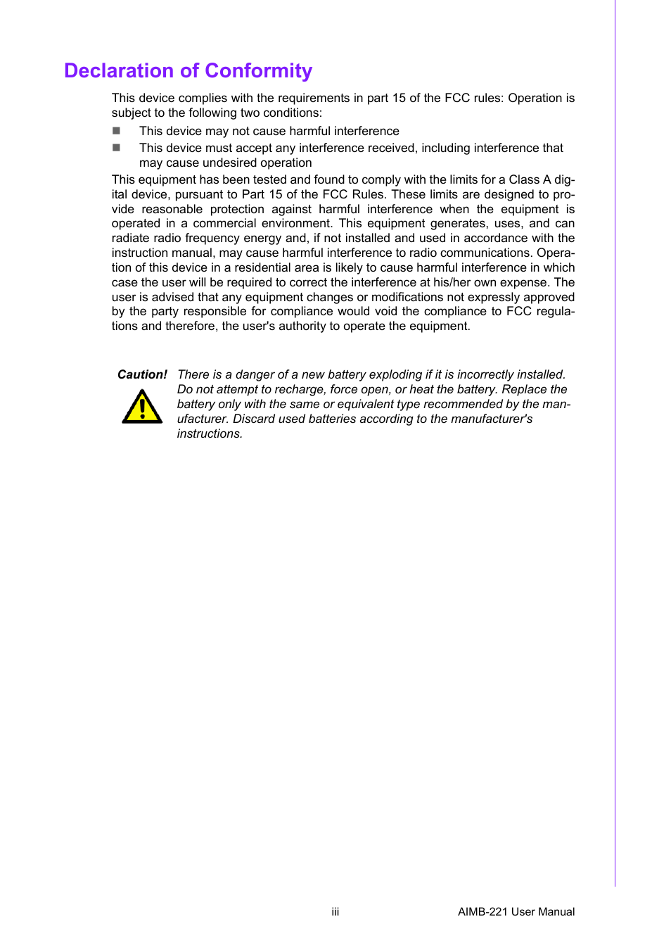 Declaration of conformity | Advantech Industrial Mini-ITX Motherboard with DDR2/Dual GbE/PCI AIMB-221 User Manual | Page 3 / 108