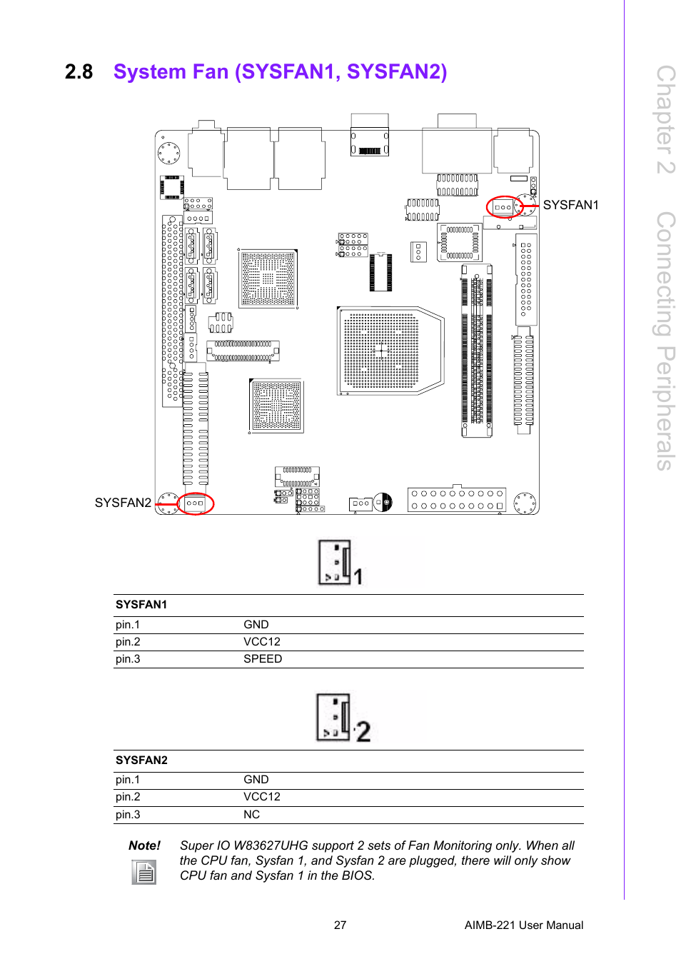 8 system fan (sysfan1, sysfan2), System fan (sysfan1, sysfan2), Chapter 2 c onnecting peripherals | Advantech Industrial Mini-ITX Motherboard with DDR2/Dual GbE/PCI AIMB-221 User Manual | Page 37 / 108