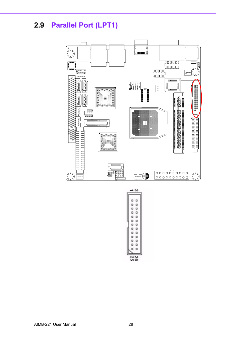 9 parallel port (lpt1), Parallel port (lpt1) | Advantech Industrial Mini-ITX Motherboard with DDR2/Dual GbE/PCI AIMB-221 User Manual | Page 38 / 108