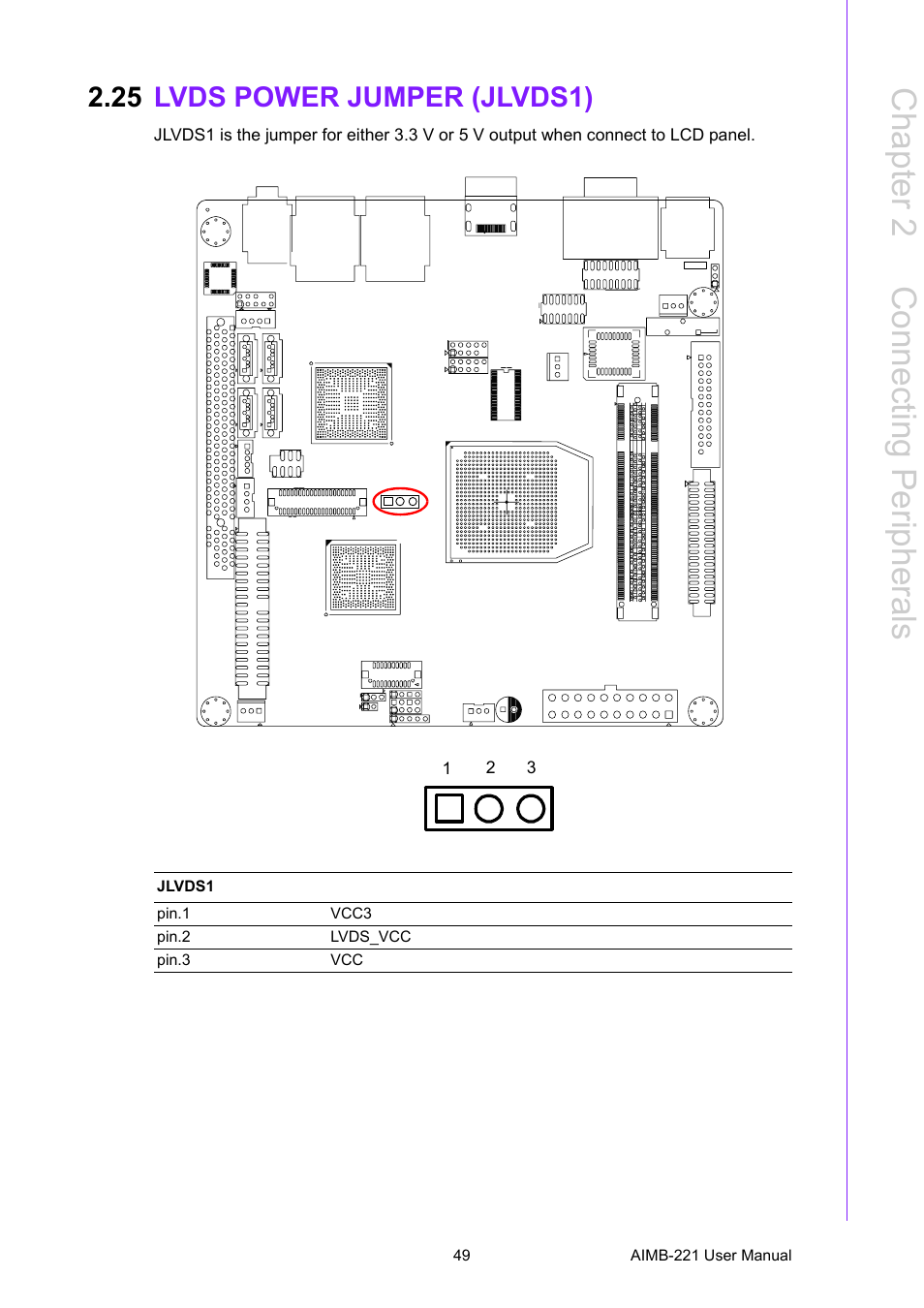 25 lvds power jumper (jlvds1), Lvds power jumper (jlvds1), Chapter 2 c onnecting peripherals | Advantech Industrial Mini-ITX Motherboard with DDR2/Dual GbE/PCI AIMB-221 User Manual | Page 59 / 108