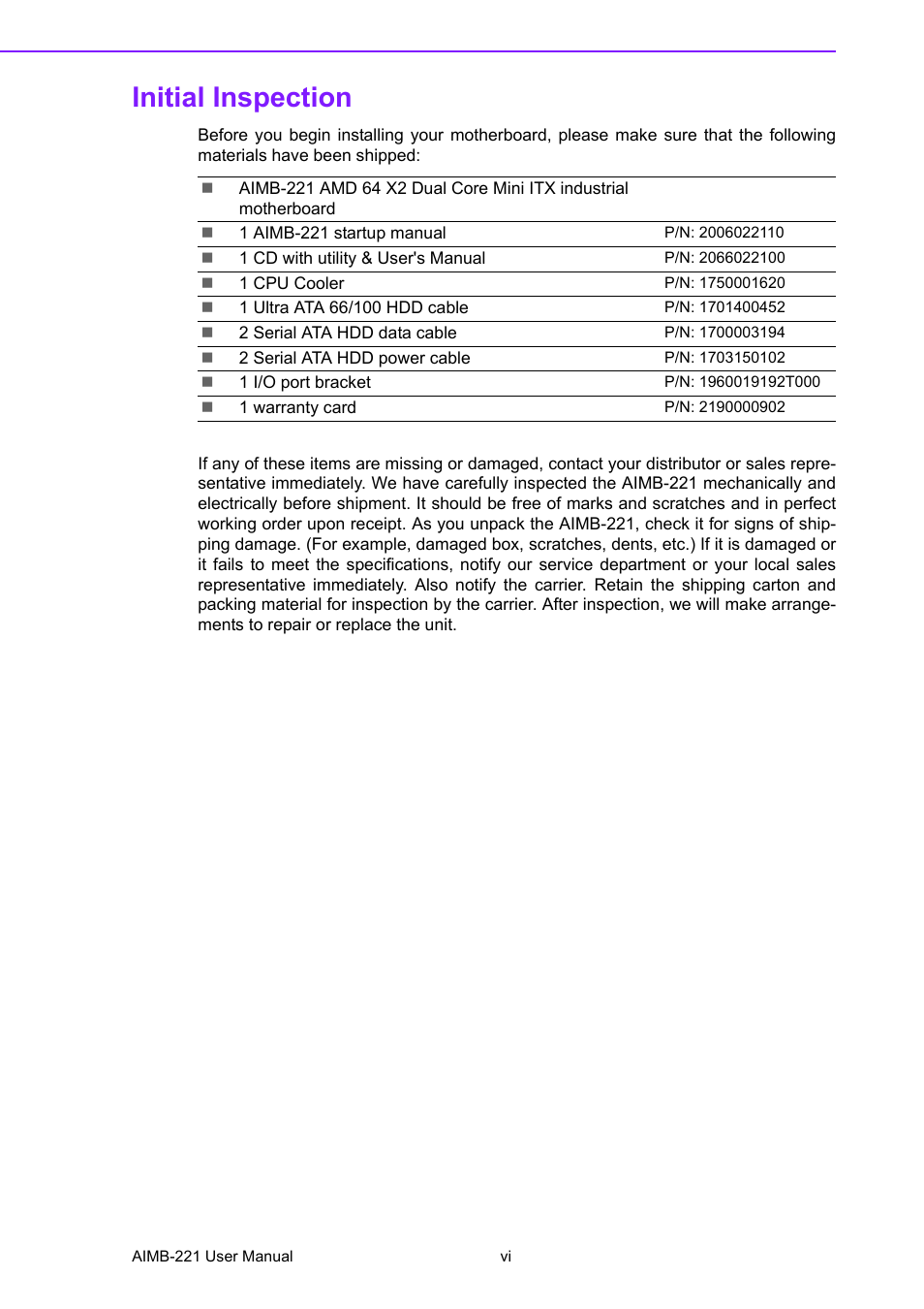 Initial inspection | Advantech Industrial Mini-ITX Motherboard with DDR2/Dual GbE/PCI AIMB-221 User Manual | Page 6 / 108