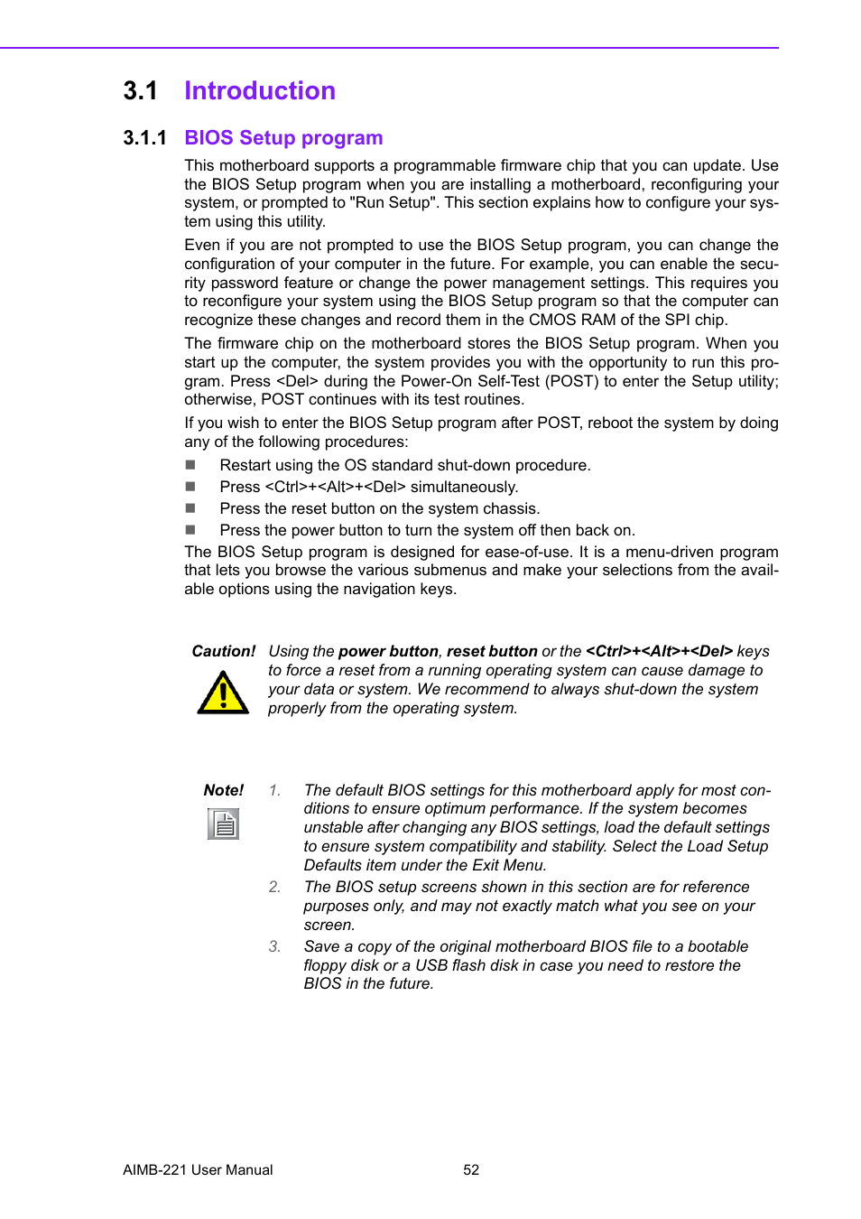 1 introduction, 1 bios setup program, Introduction 3.1.1 | Bios setup program | Advantech Industrial Mini-ITX Motherboard with DDR2/Dual GbE/PCI AIMB-221 User Manual | Page 62 / 108