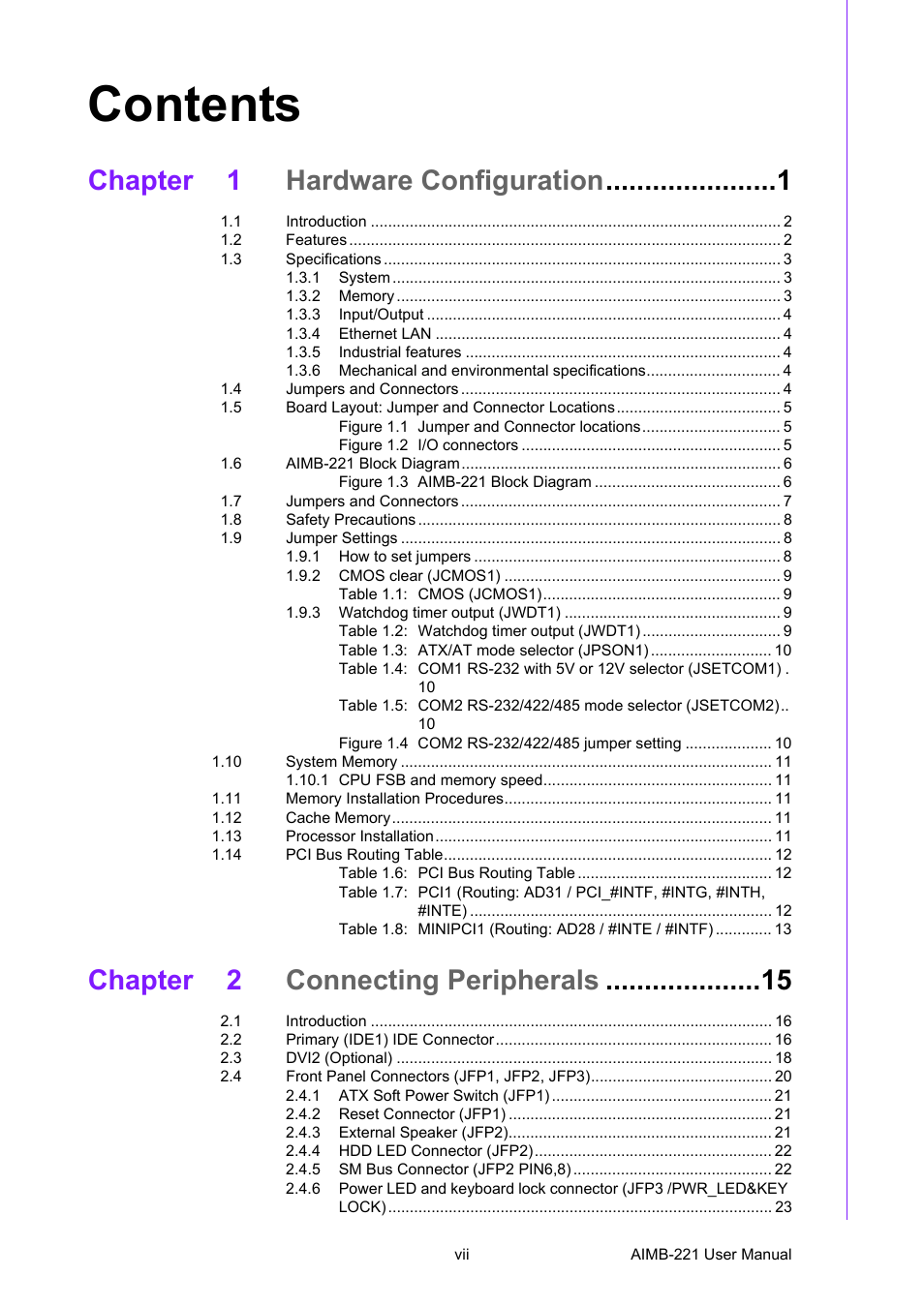Advantech Industrial Mini-ITX Motherboard with DDR2/Dual GbE/PCI AIMB-221 User Manual | Page 7 / 108