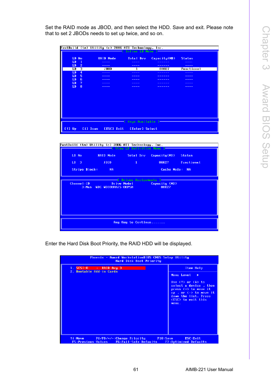 Chapter 3 a ward bios setup | Advantech Industrial Mini-ITX Motherboard with DDR2/Dual GbE/PCI AIMB-221 User Manual | Page 71 / 108