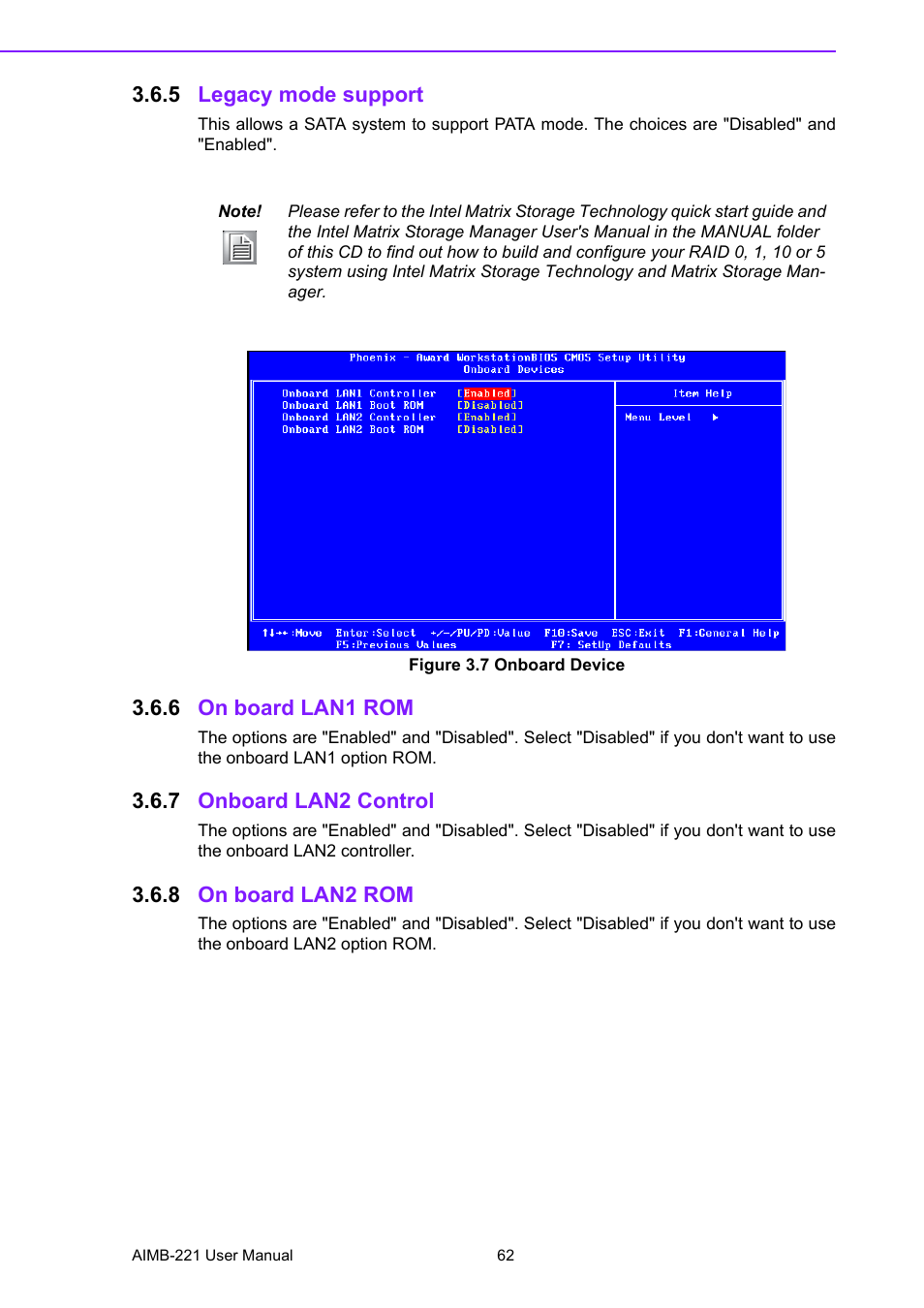 5 legacy mode support, Figure 3.7 onboard device, 6 on board lan1 rom | 7 onboard lan2 control, 8 on board lan2 rom, Legacy mode support figure 3.7 onboard device, On board lan1 rom, Onboard lan2 control, On board lan2 rom | Advantech Industrial Mini-ITX Motherboard with DDR2/Dual GbE/PCI AIMB-221 User Manual | Page 72 / 108