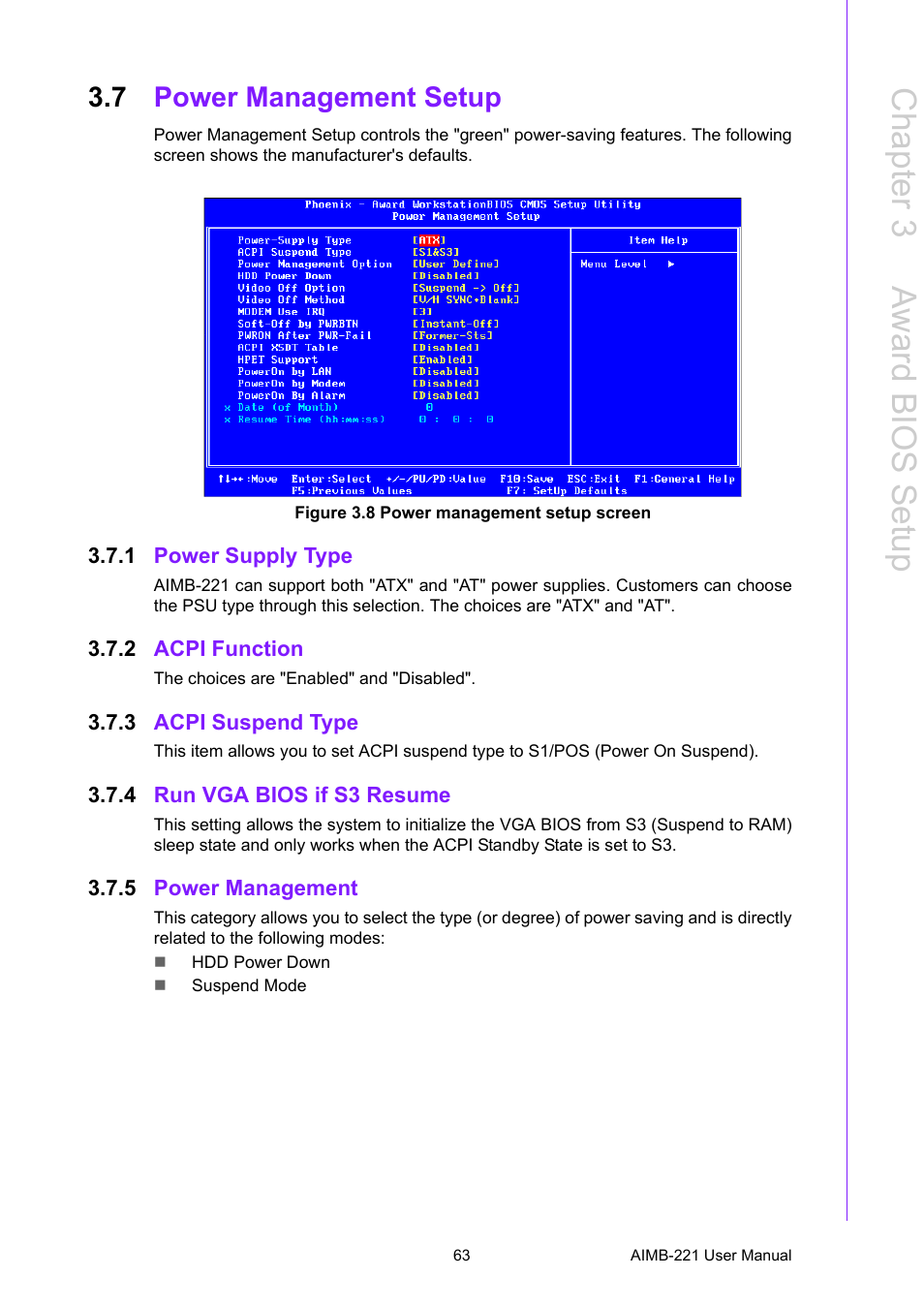 7 power management setup, Figure 3.8 power management setup screen, 1 power supply type | 2 acpi function, 3 acpi suspend type, 4 run vga bios if s3 resume, 5 power management, Power management setup, Power supply type, Acpi function | Advantech Industrial Mini-ITX Motherboard with DDR2/Dual GbE/PCI AIMB-221 User Manual | Page 73 / 108