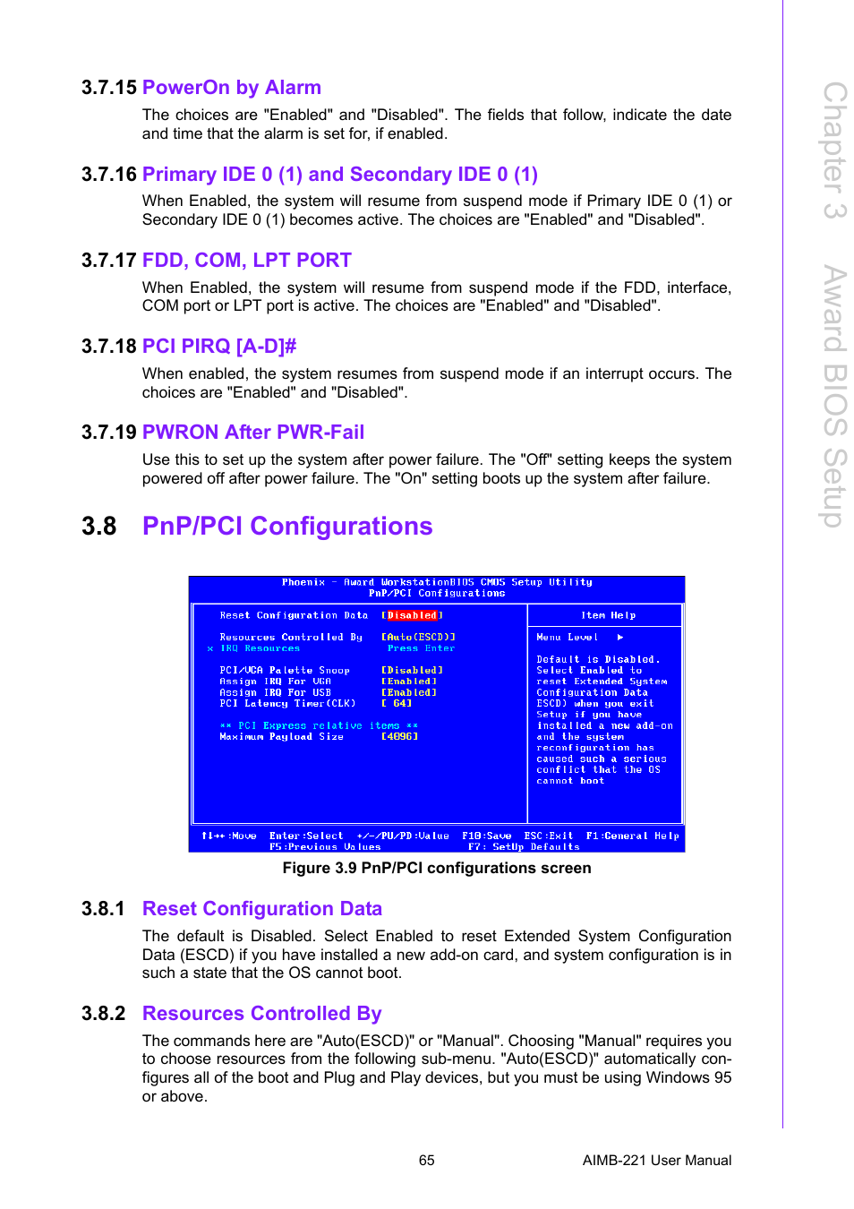15 poweron by alarm, 16 primary ide 0 (1) and secondary ide 0 (1), 17 fdd, com, lpt port | 18 pci pirq [a-d, 19 pwron after pwr-fail, 8 pnp/pci configurations, Figure 3.9 pnp/pci configurations screen, 1 reset configuration data, 2 resources controlled by, Pnp/pci configurations | Advantech Industrial Mini-ITX Motherboard with DDR2/Dual GbE/PCI AIMB-221 User Manual | Page 75 / 108