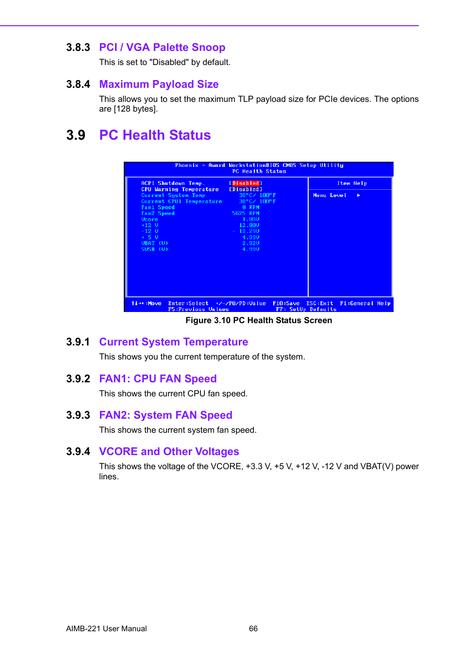 3 pci / vga palette snoop, 4 maximum payload size, 9 pc health status | Figure 3.10 pc health status screen, 1 current system temperature, 2 fan1: cpu fan speed, 3 fan2: system fan speed, 4 vcore and other voltages, Pci / vga palette snoop, Maximum payload size | Advantech Industrial Mini-ITX Motherboard with DDR2/Dual GbE/PCI AIMB-221 User Manual | Page 76 / 108