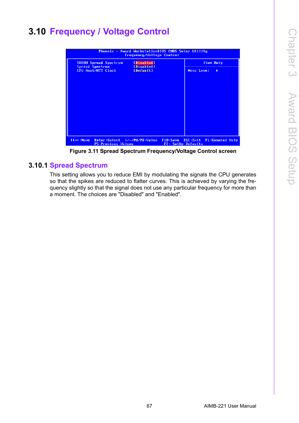 10 frequency / voltage control, 1 spread spectrum, Frequency / voltage control | Chapter 3 a ward bios setup | Advantech Industrial Mini-ITX Motherboard with DDR2/Dual GbE/PCI AIMB-221 User Manual | Page 77 / 108