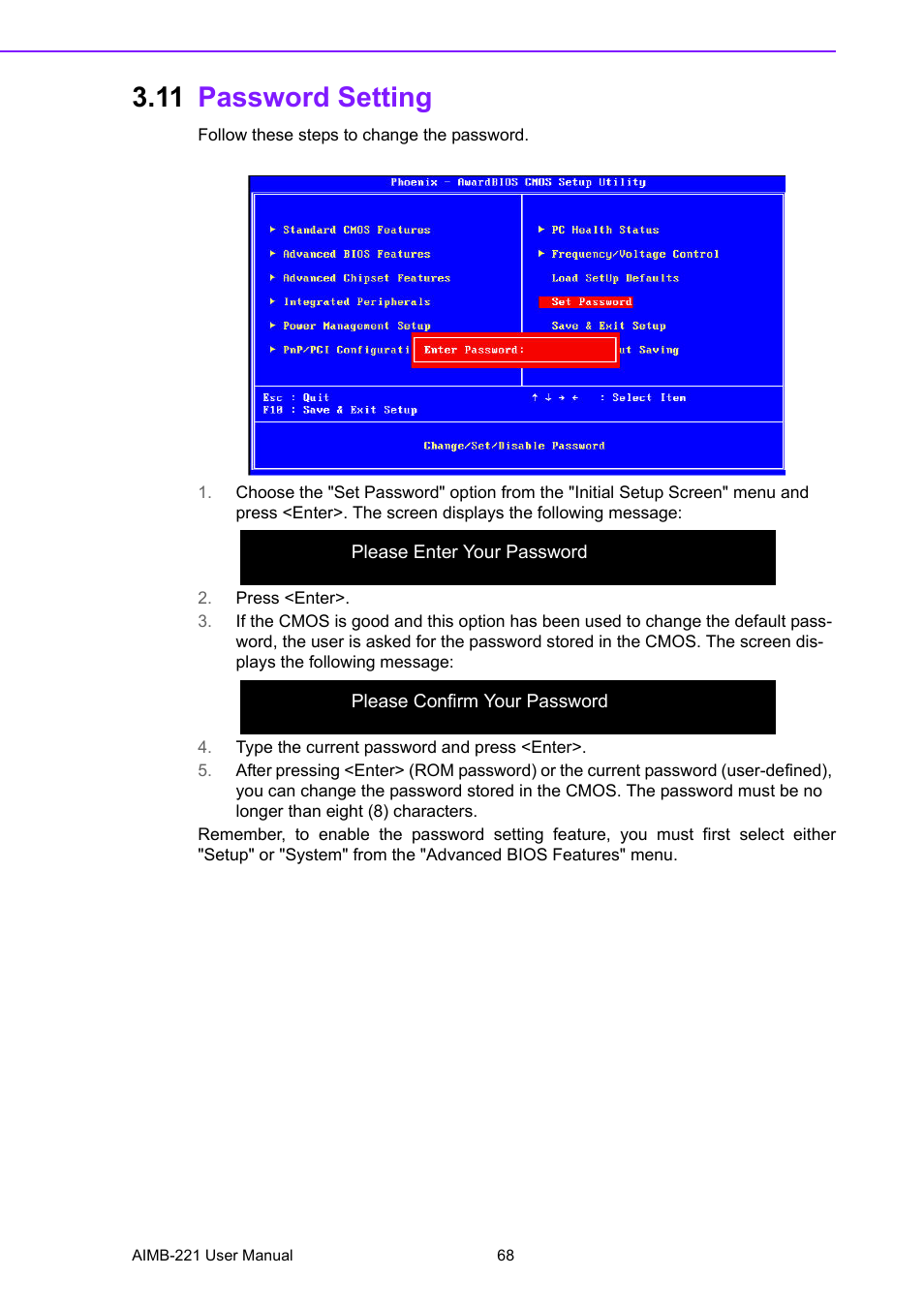 11 password setting, Password setting | Advantech Industrial Mini-ITX Motherboard with DDR2/Dual GbE/PCI AIMB-221 User Manual | Page 78 / 108