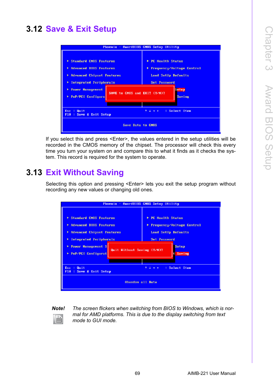 12 save & exit setup, 13 exit without saving, Save & exit setup | Exit without saving, Chapter 3 a ward bios setup | Advantech Industrial Mini-ITX Motherboard with DDR2/Dual GbE/PCI AIMB-221 User Manual | Page 79 / 108