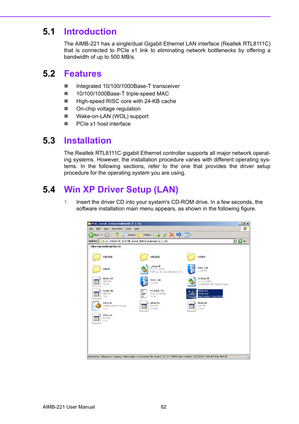1 introduction, 2 features, 3 installation | 4 win xp driver setup (lan), Introduction, Features, Installation, Win xp driver setup (lan) | Advantech Industrial Mini-ITX Motherboard with DDR2/Dual GbE/PCI AIMB-221 User Manual | Page 92 / 108