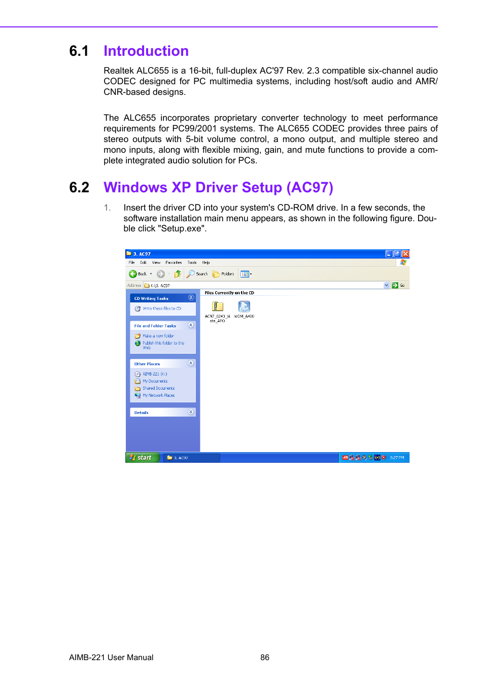 1 introduction, 2 windows xp driver setup (ac97), Introduction | Windows xp driver setup (ac97) | Advantech Industrial Mini-ITX Motherboard with DDR2/Dual GbE/PCI AIMB-221 User Manual | Page 96 / 108