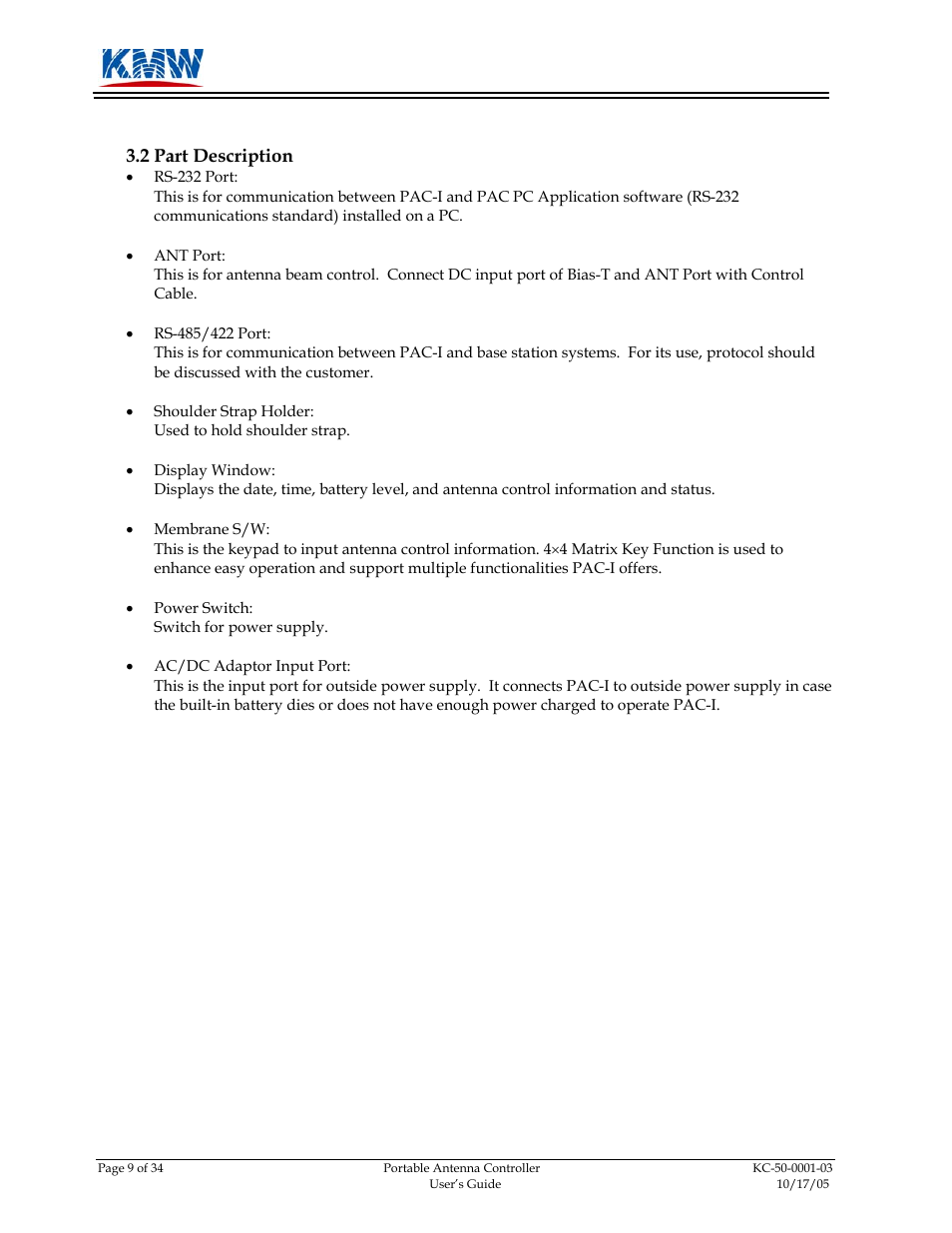 Part description, 2 part, Description | KMW Communications PAC-I User Manual | Page 10 / 34