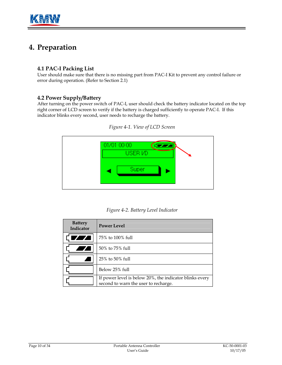 Preparation, Pac-i packing list, Power supply/battery | Power level, 2 power, Supply/battery | KMW Communications PAC-I User Manual | Page 11 / 34