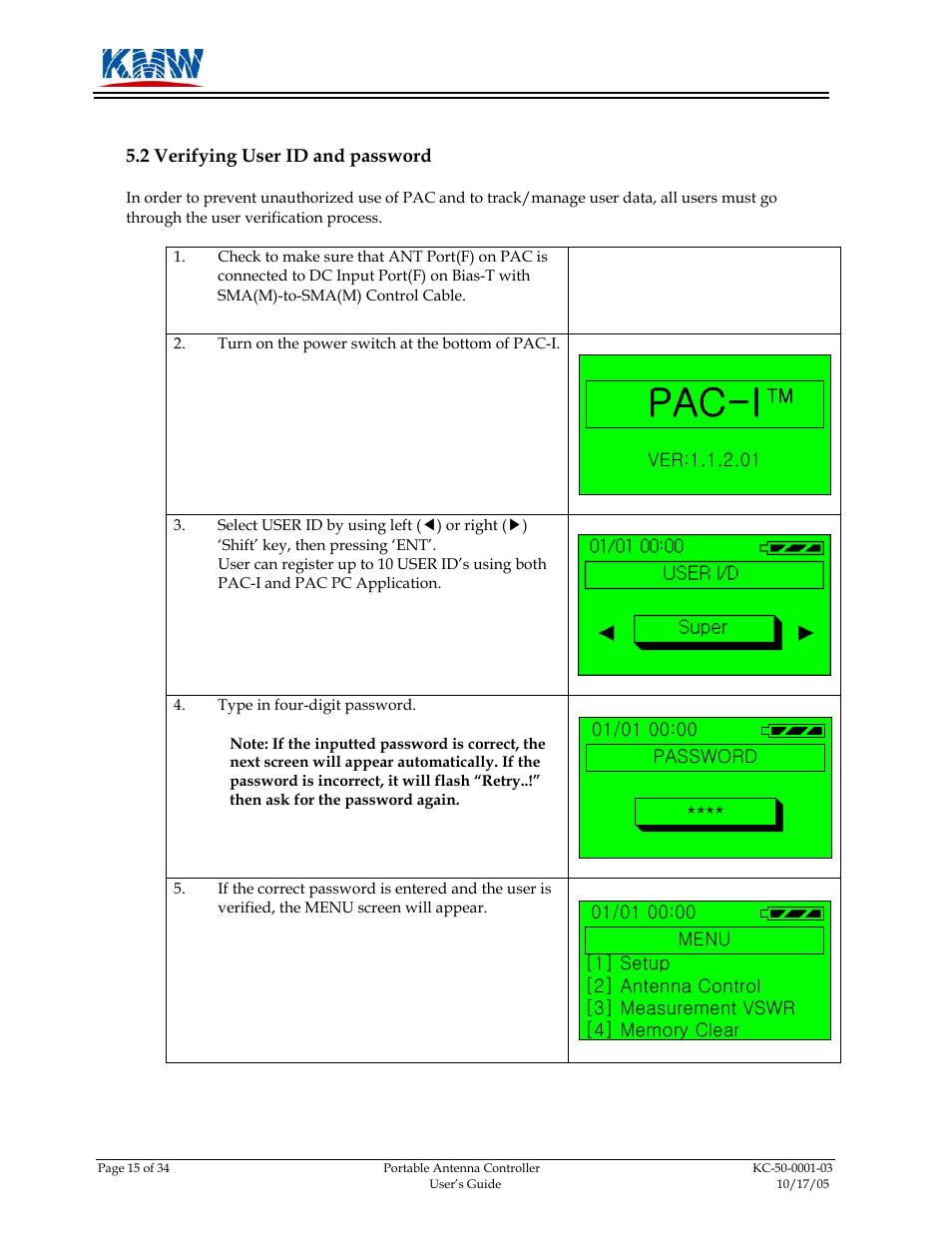 Verifying user id and password, Pac-i | KMW Communications PAC-I User Manual | Page 16 / 34