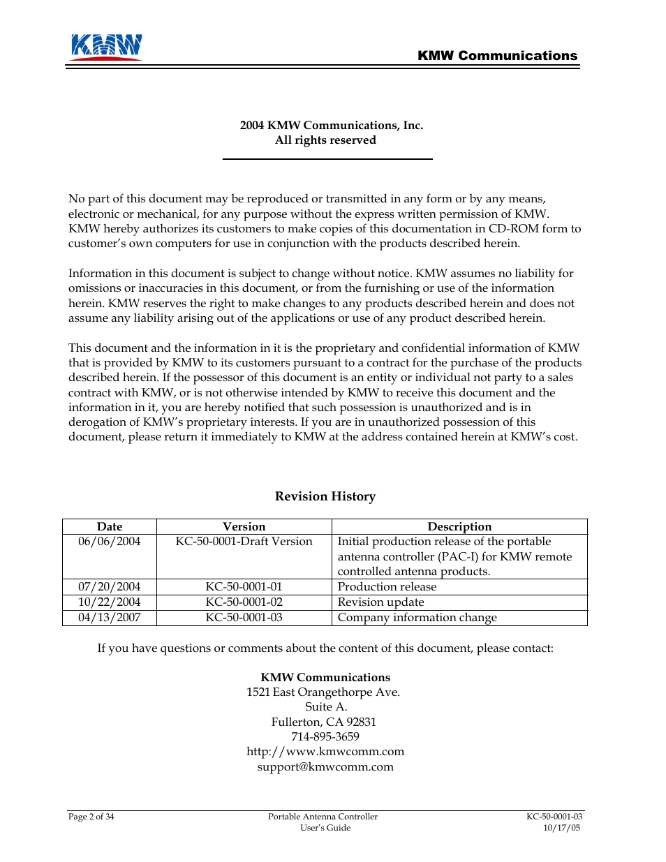 KMW Communications PAC-I User Manual | Page 2 / 34