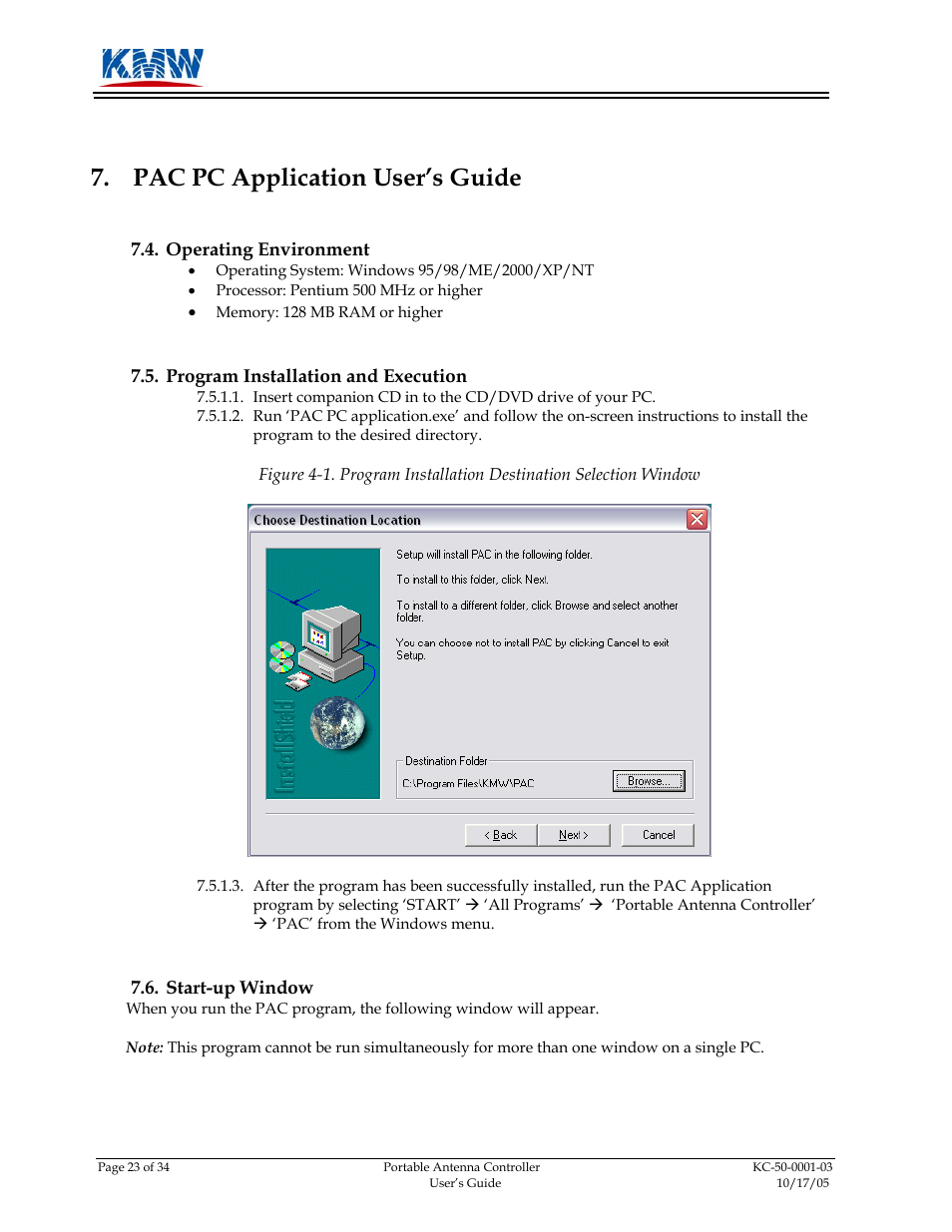 Pac pc application user’s guide, Operating environment, Program installation and execution | Start-up window, Operating, Environment, Start-up, Window | KMW Communications PAC-I User Manual | Page 24 / 34