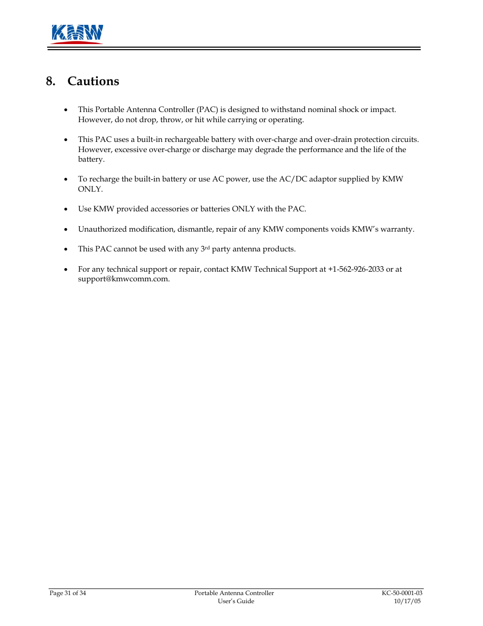 Cautions | KMW Communications PAC-I User Manual | Page 32 / 34