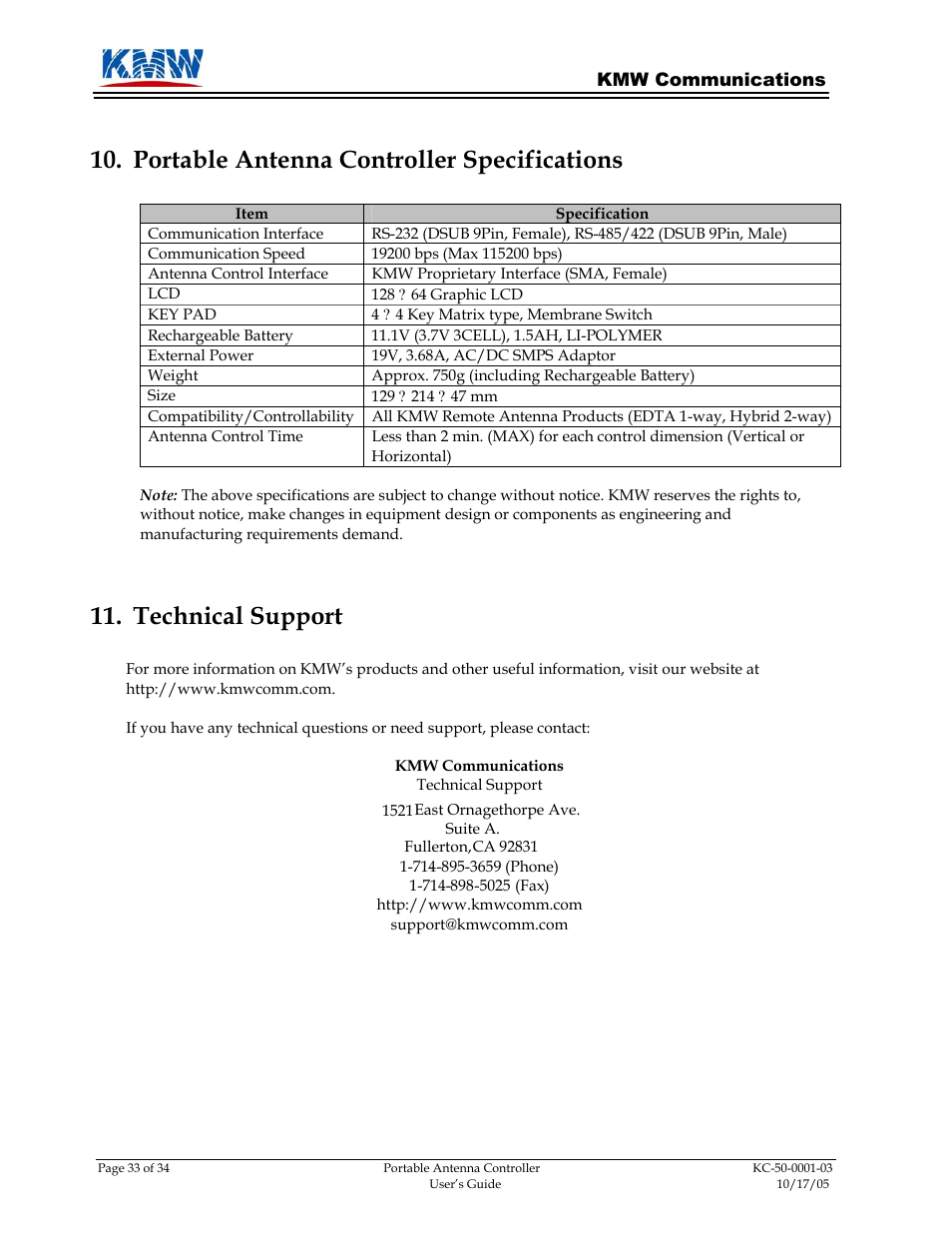 Portable antenna controller specifications, Technical support | KMW Communications PAC-I User Manual | Page 33 / 34