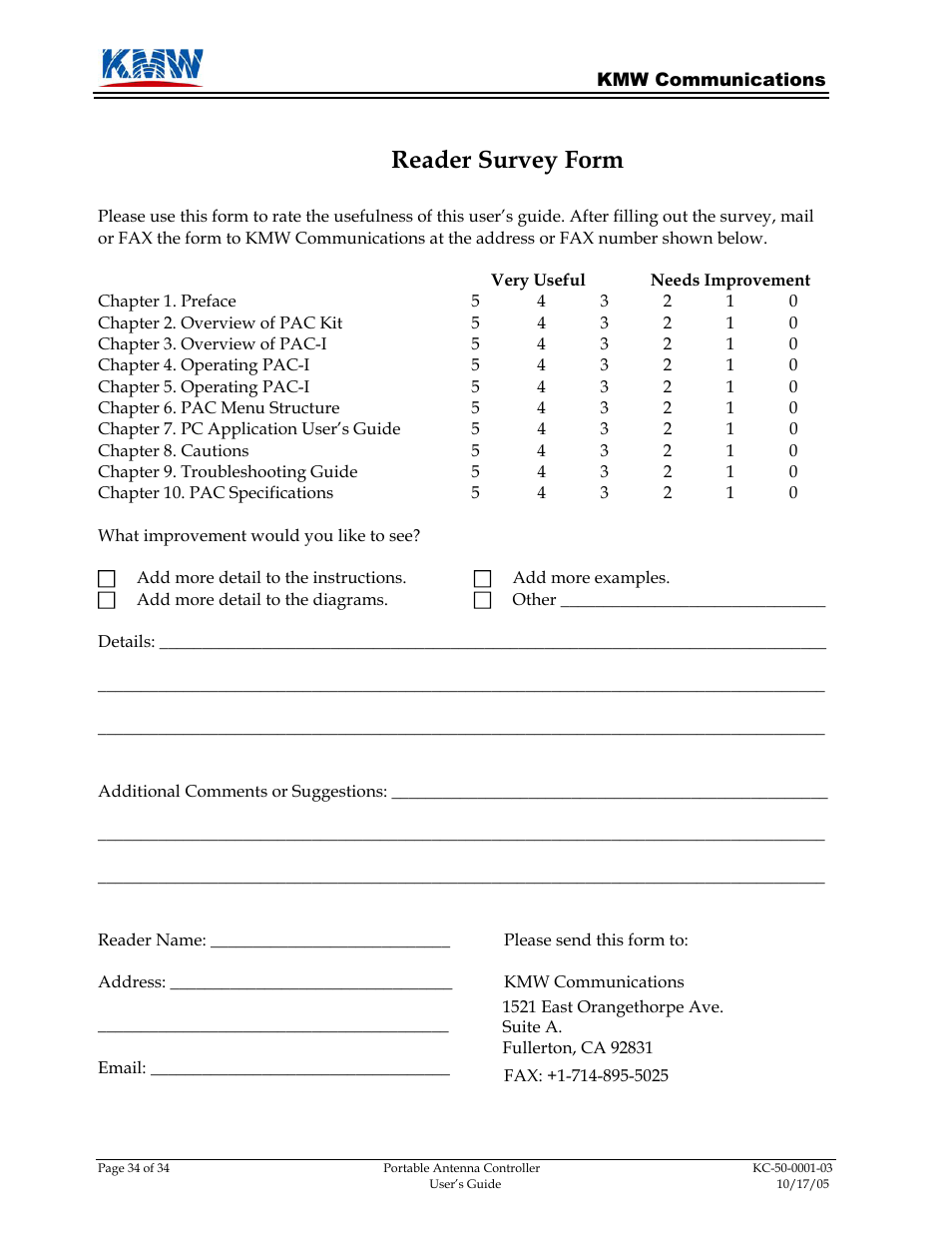 Reader survey form | KMW Communications PAC-I User Manual | Page 34 / 34