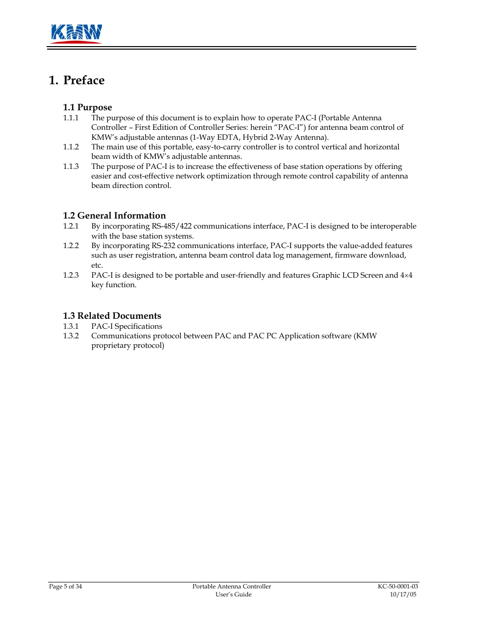 Preface, Purpose, General information | Related documents, 1 purpose 1.2 general, Information, 3 related, Documents | KMW Communications PAC-I User Manual | Page 6 / 34