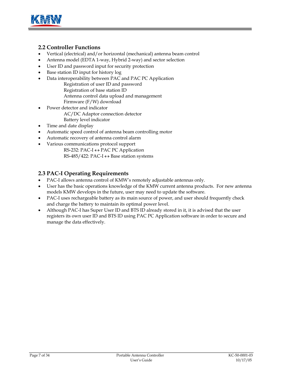 Controller functions, Pac-i operating requirements, 2 controller | Functions | KMW Communications PAC-I User Manual | Page 8 / 34