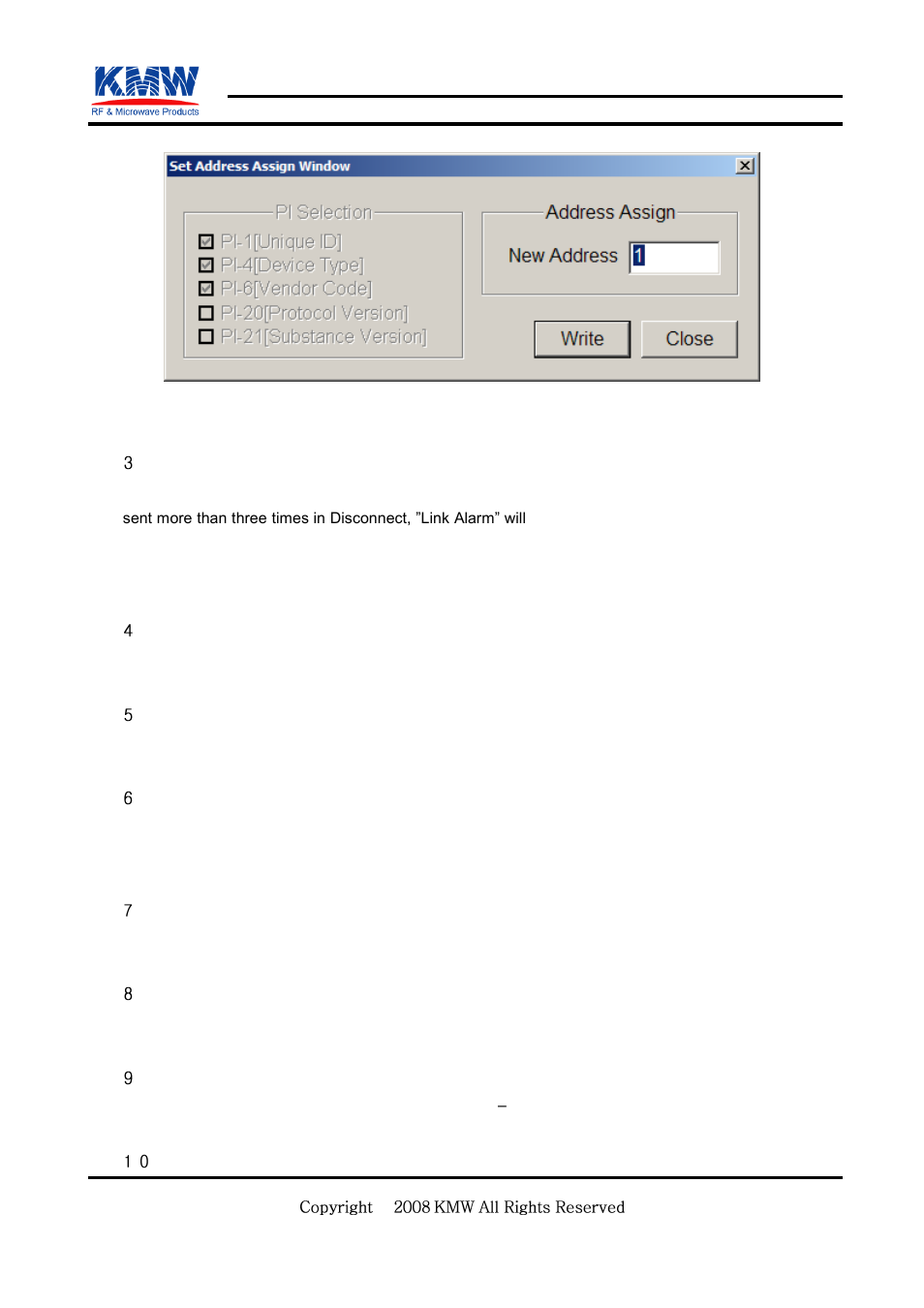 Connect, Disconnect, Refresh | Get subunits no, Reset(layer 7), Alarm subscribe, Get alarm status, Tma get alarm, Confidential | KMW Communications AMS Lite User Manual | Page 23 / 30