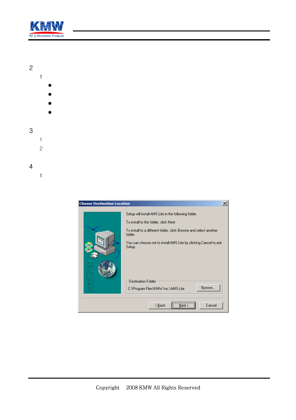 Operating environment, Pc specification, Communication protocol | Tcp: 10/100base-t, Installation and running application, Installation ams lite version, Confidential | KMW Communications AMS Lite User Manual | Page 6 / 30