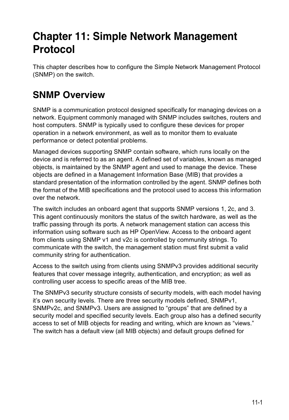 Chapter 11: simple network management protocol, Snmp overview, Simple network management protocol | Accton Technology ES4524D User Manual | Page 101 / 588