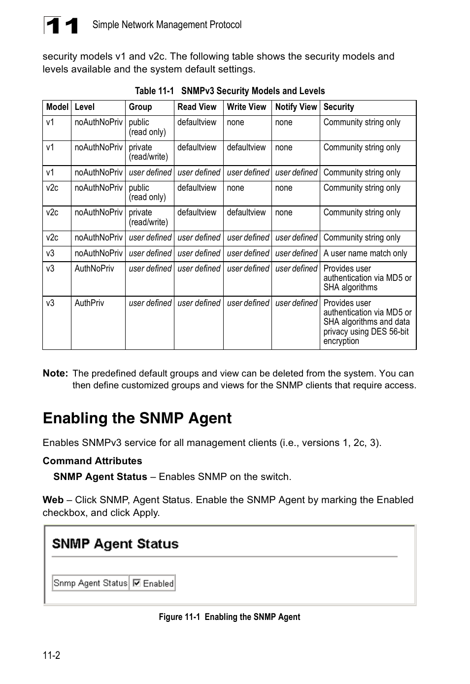 Enabling the snmp agent, Table 11-1, Snmpv3 security models and levels | Figure 11-1 | Accton Technology ES4524D User Manual | Page 102 / 588